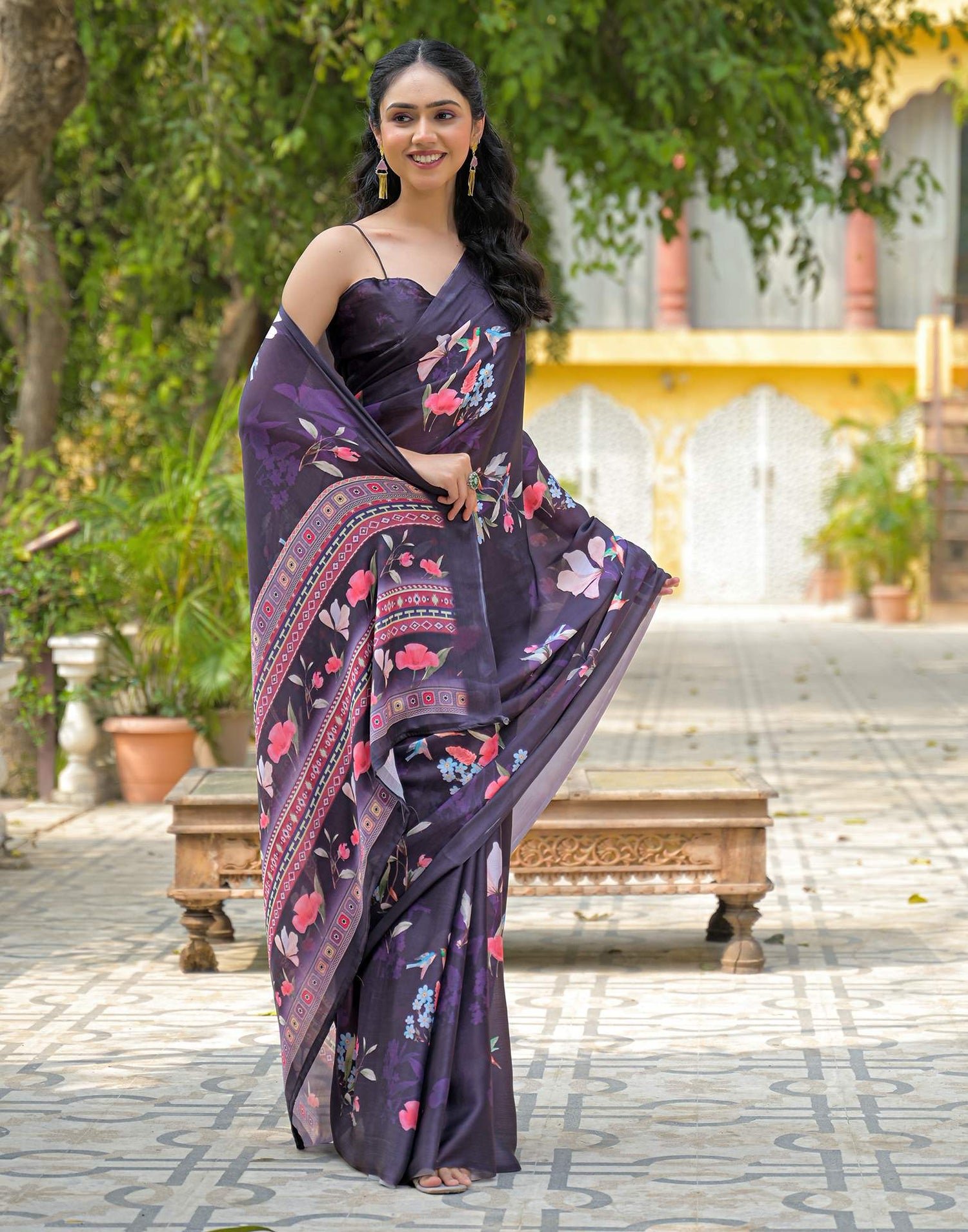 Navy Blue Satin Chiffon Floral Printed Saree