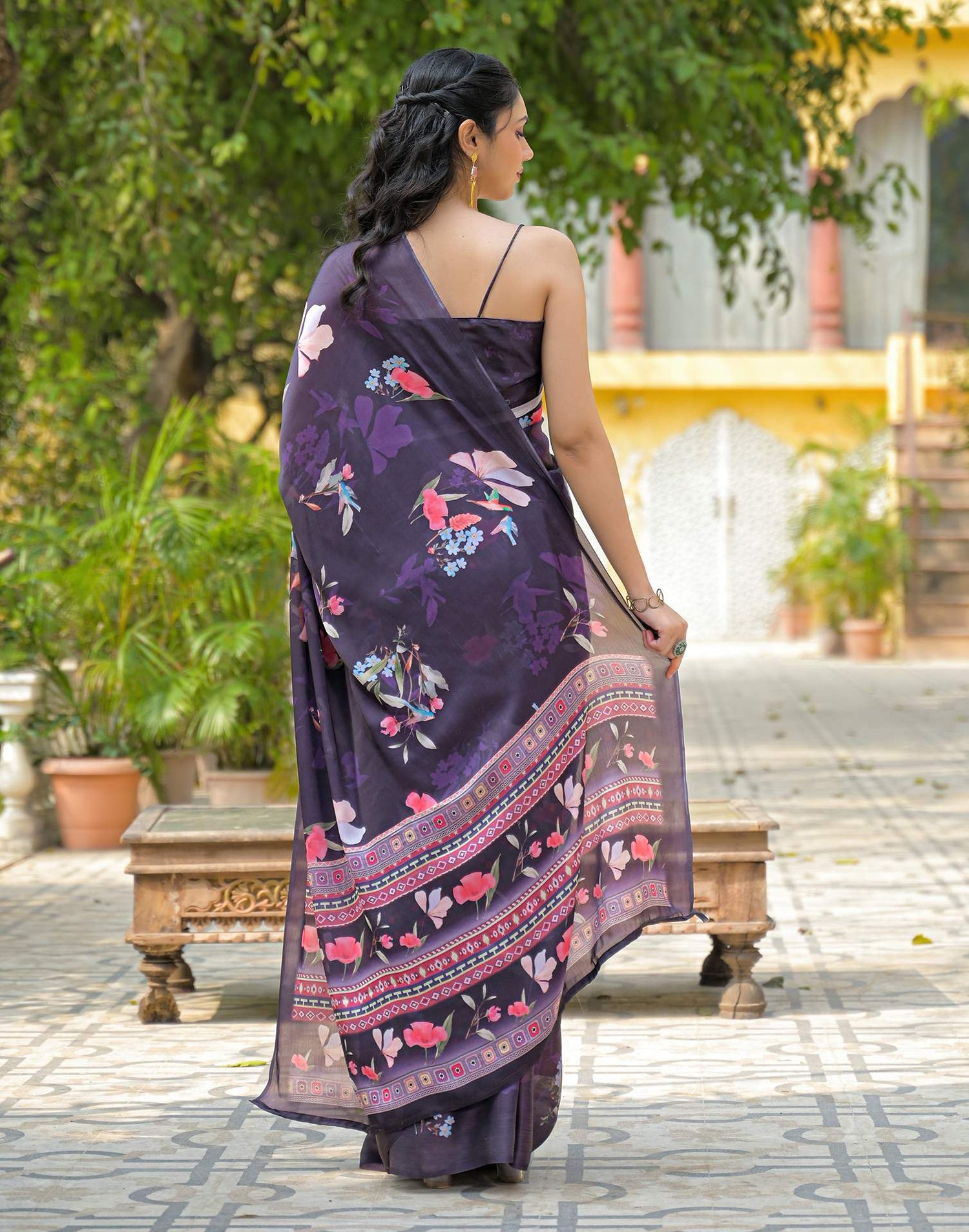 Navy Blue Satin Chiffon Floral Printed Saree