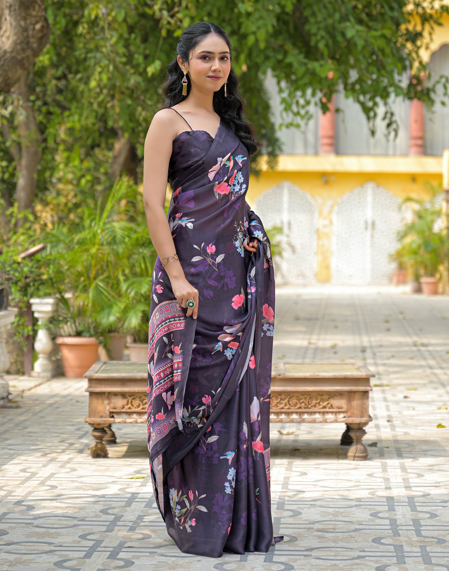 Navy Blue Satin Chiffon Floral Printed Saree
