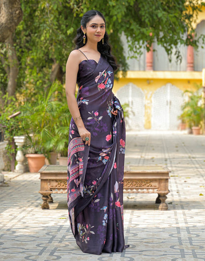 Navy Blue Satin Chiffon Floral Printed Saree