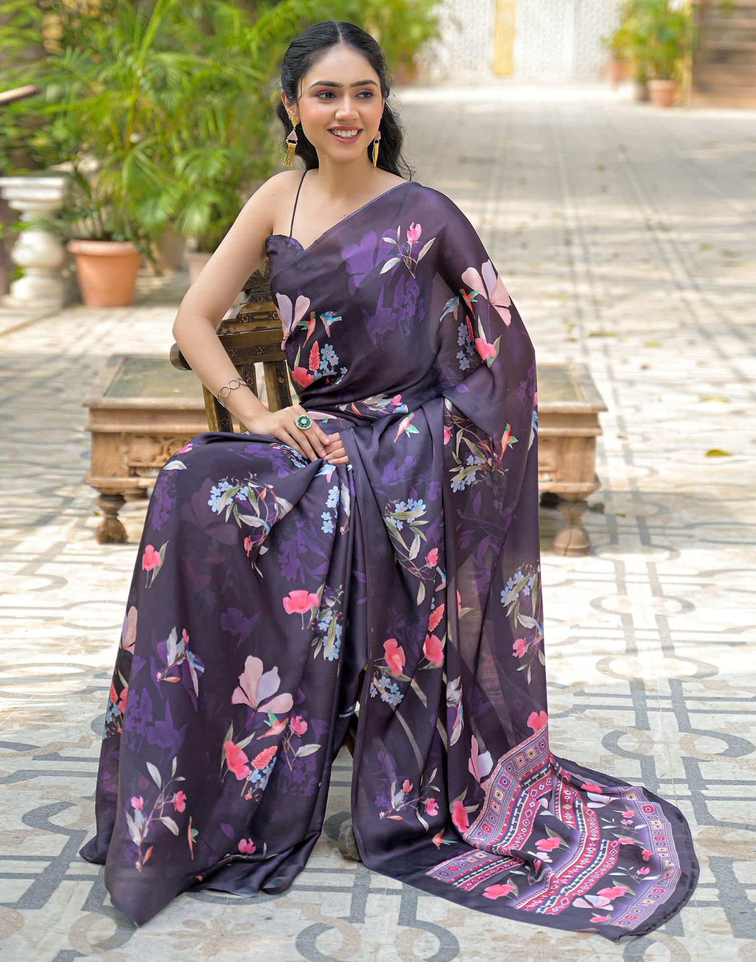 Navy Blue Satin Chiffon Floral Printed Saree