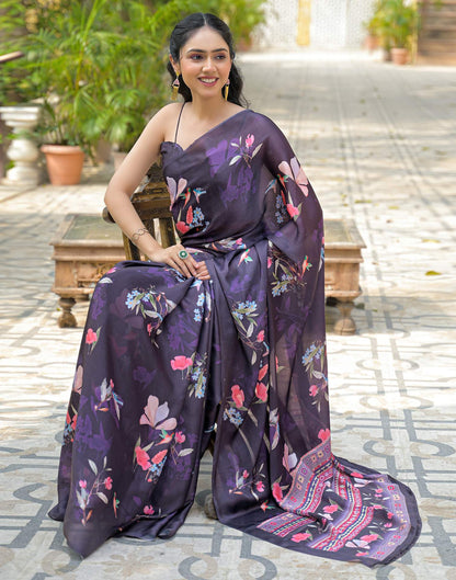 Navy Blue Satin Chiffon Floral Printed Saree
