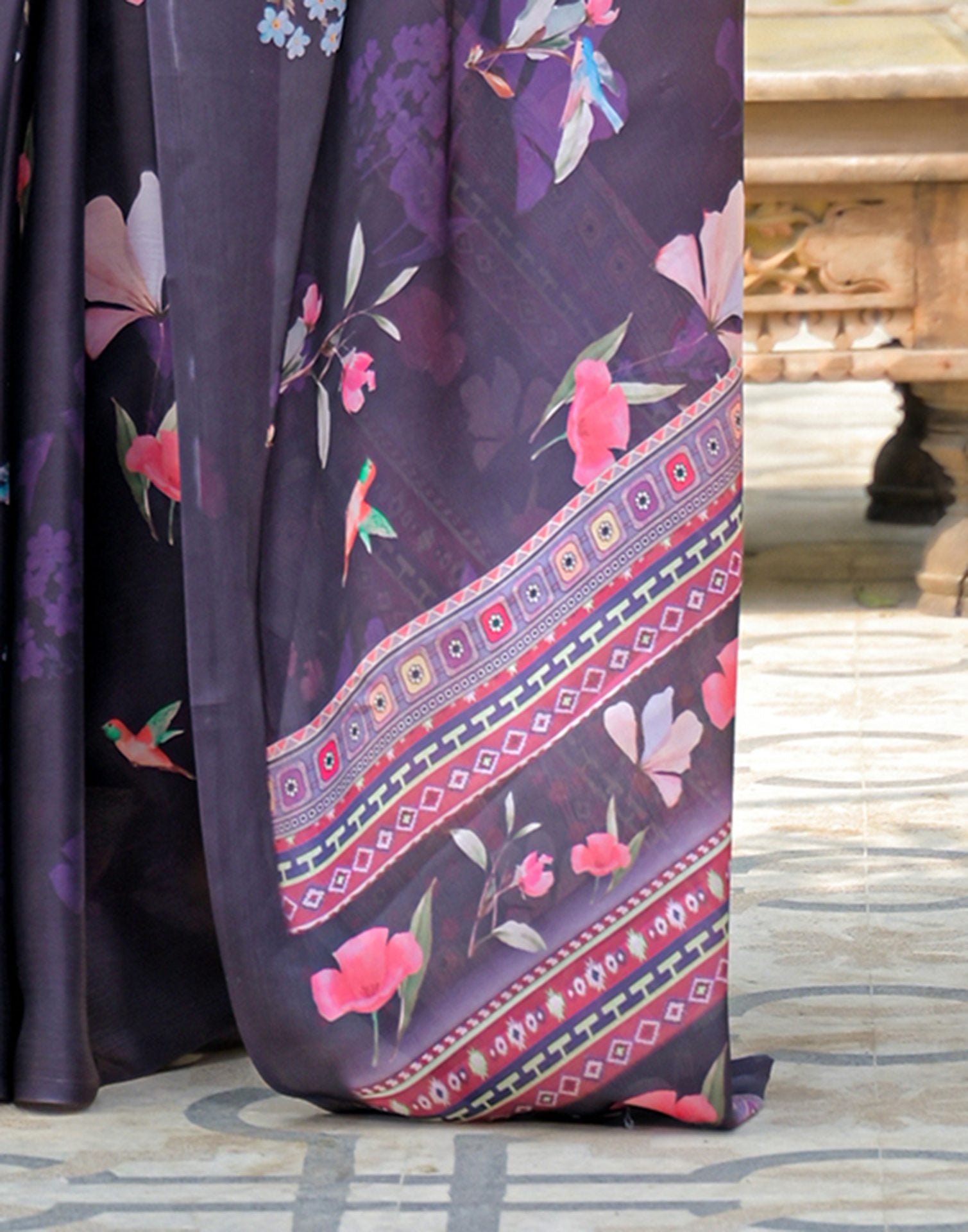 Navy Blue Satin Chiffon Floral Printed Saree