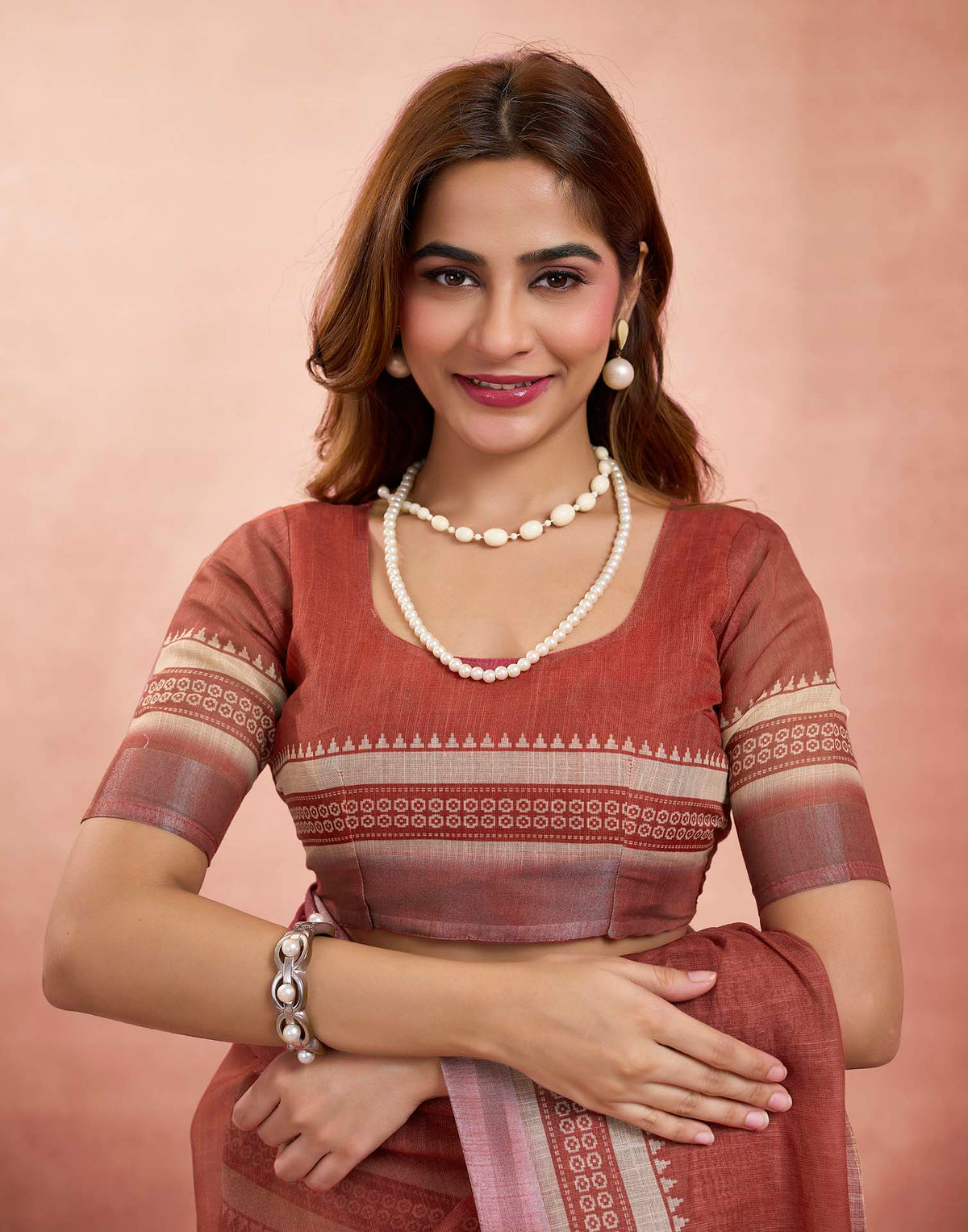 Ready To Wear Maroon Linen Printed Saree