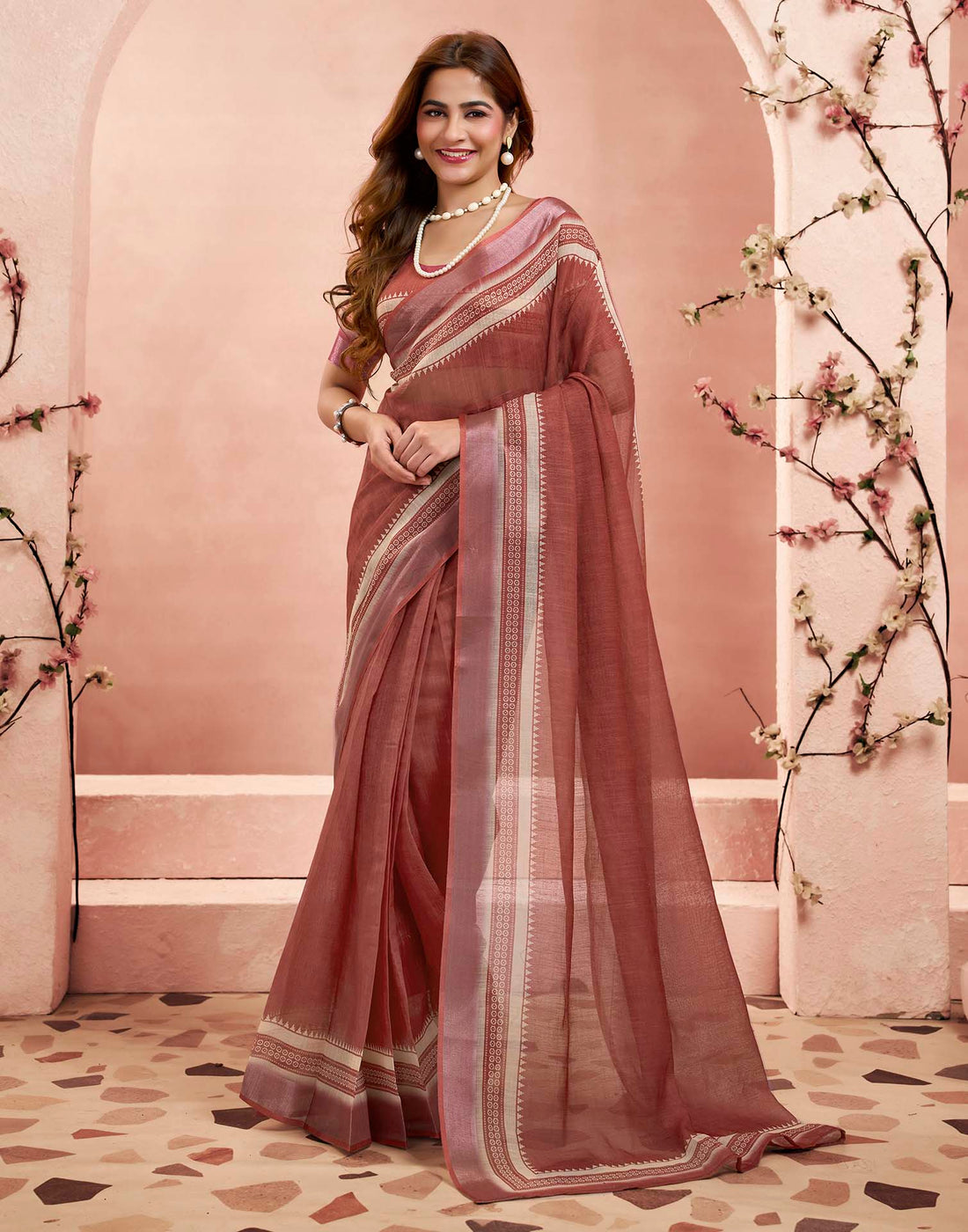 Ready To Wear Maroon Linen Printed Saree