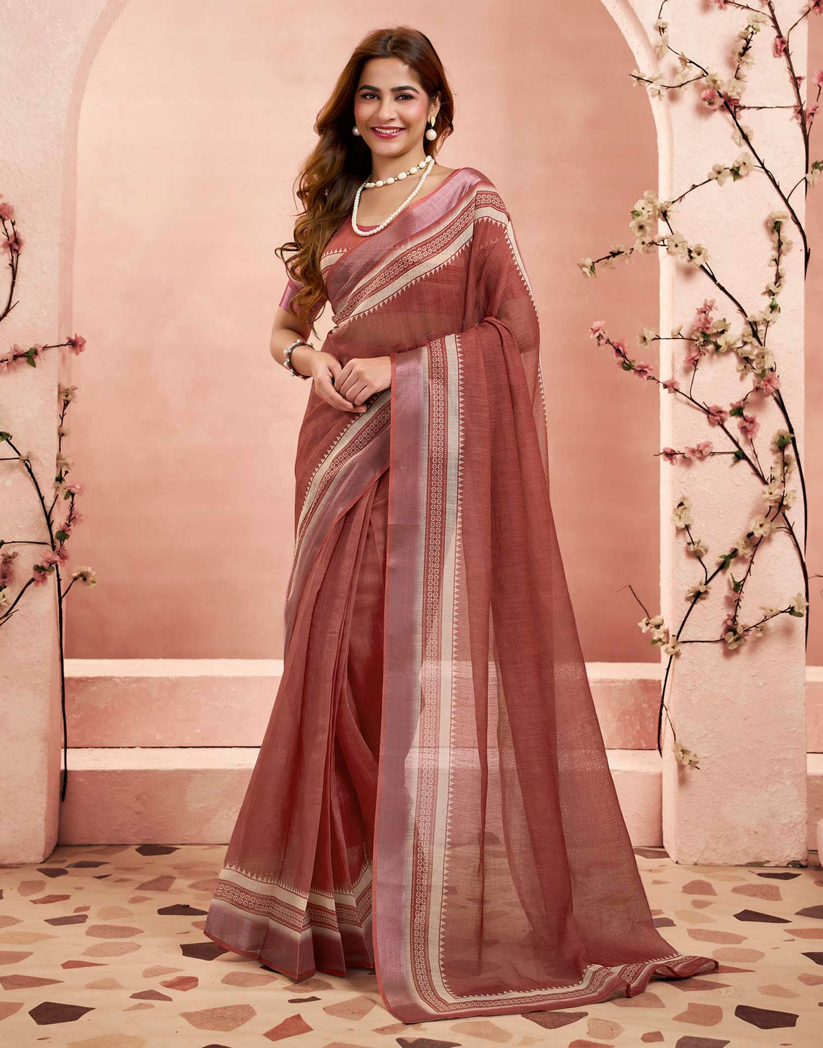 Ready To Wear Maroon Linen Printed Saree
