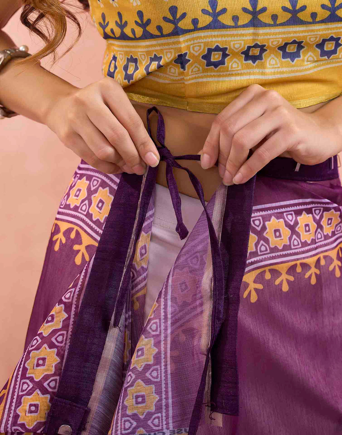 Ready To Wear Wine Linen Floral Printed Saree