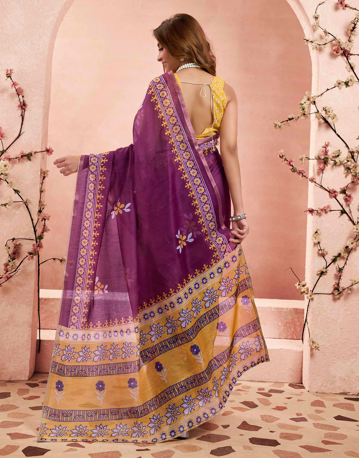 Ready To Wear Wine Linen Floral Printed Saree