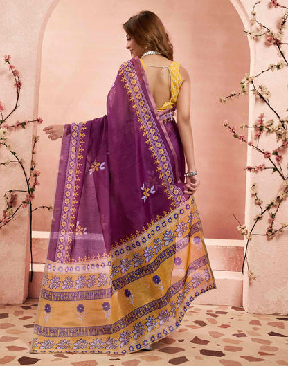 Ready To Wear Wine Linen Floral Printed Saree