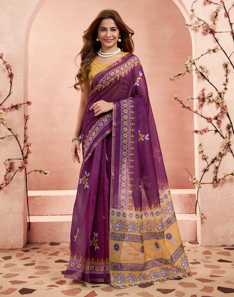 Ready To Wear Wine Linen Floral Printed Saree