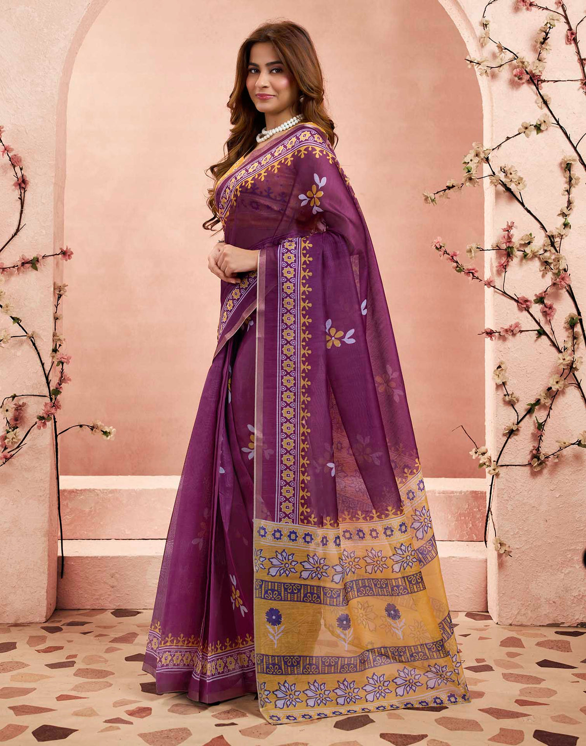 Ready To Wear Wine Linen Floral Printed Saree