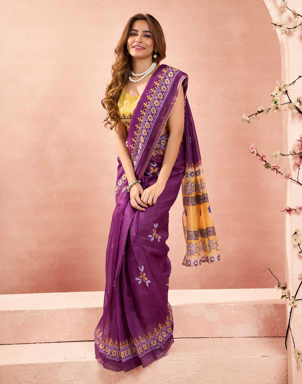 Ready To Wear Wine Linen Floral Printed Saree
