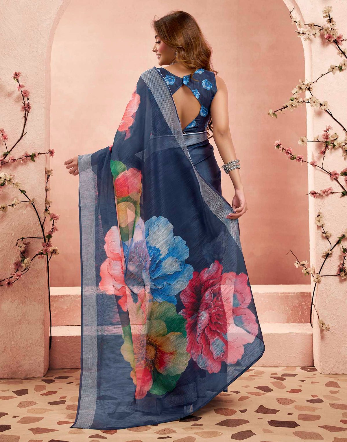 Ready To Wear Navy Blue Linen Floral Printed Saree