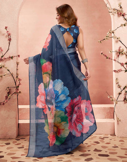 Ready To Wear Navy Blue Linen Floral Printed Saree