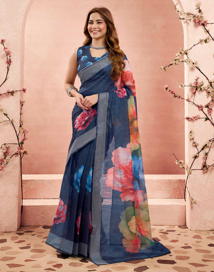Ready To Wear Navy Blue Linen Floral Printed Saree