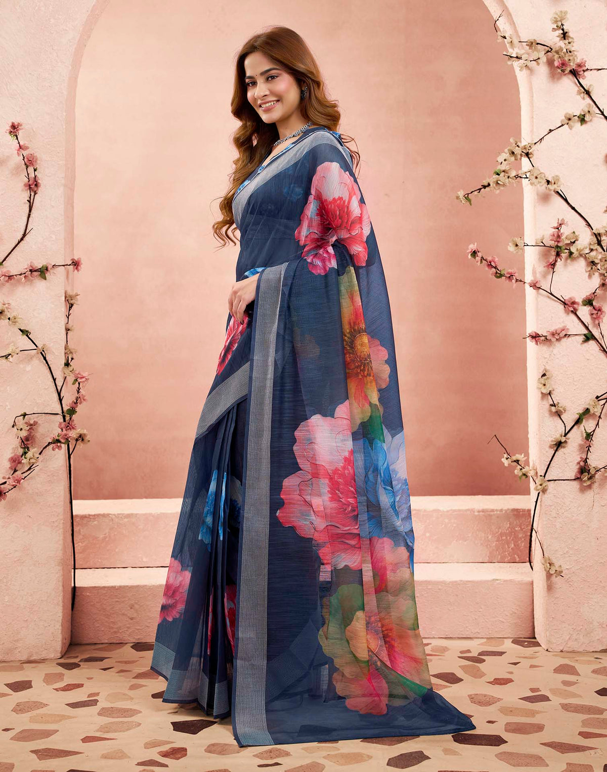 Ready To Wear Navy Blue Linen Floral Printed Saree