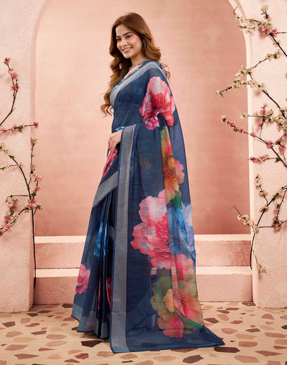 Ready To Wear Navy Blue Linen Floral Printed Saree