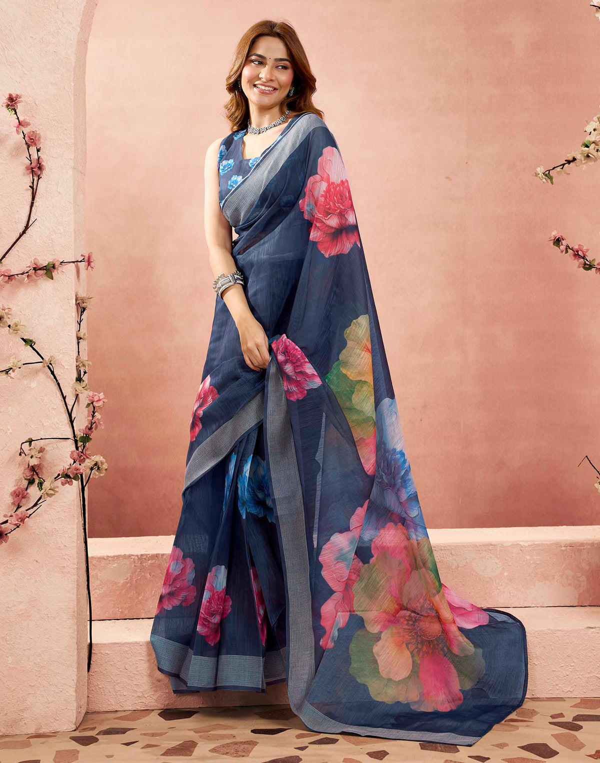 Ready To Wear Navy Blue Linen Floral Printed Saree