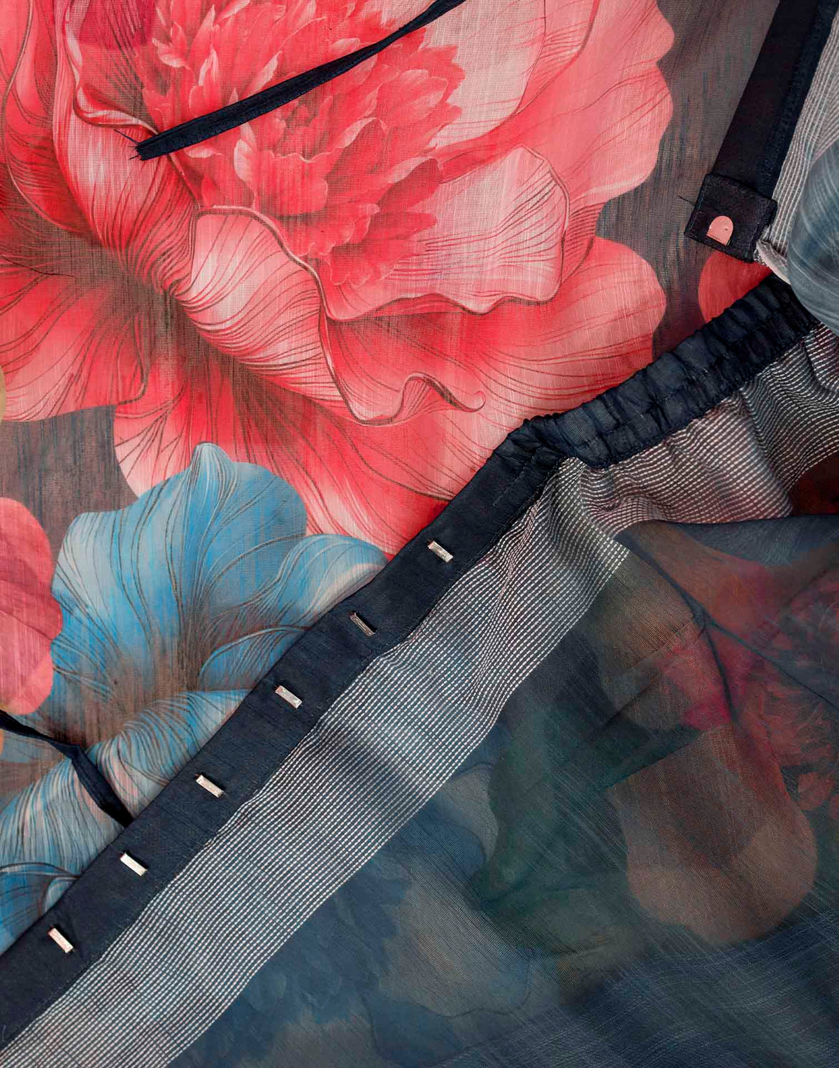Ready To Wear Navy Blue Linen Floral Printed Saree