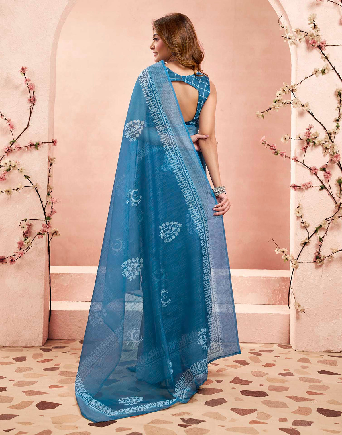 Ready To Wear Denim Blue Linen Printed Saree
