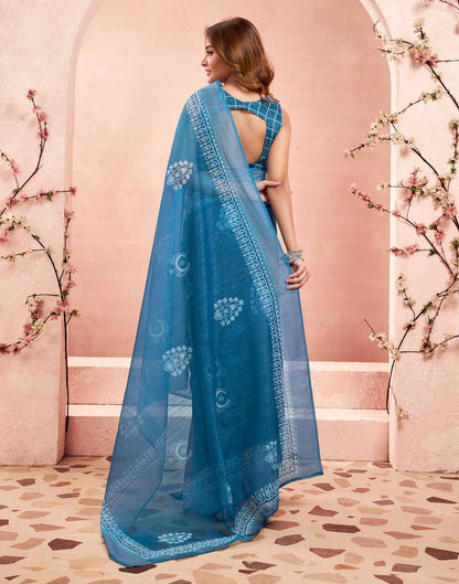 Ready To Wear Denim Blue Linen Printed Saree