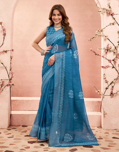 Ready To Wear Denim Blue Linen Printed Saree