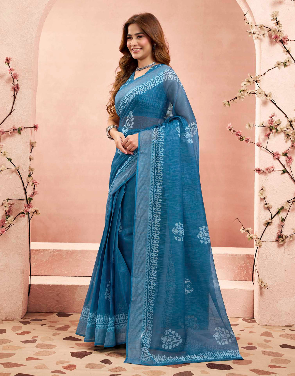 Ready To Wear Denim Blue Linen Printed Saree