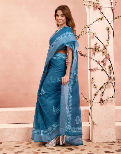 Ready To Wear Denim Blue Linen Printed Saree
