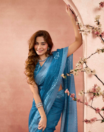 Ready To Wear Denim Blue Linen Printed Saree