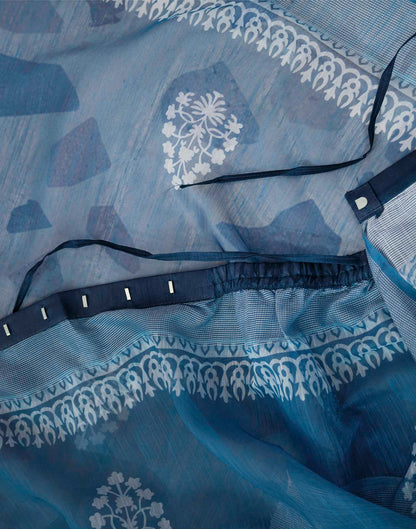 Ready To Wear Denim Blue Linen Printed Saree