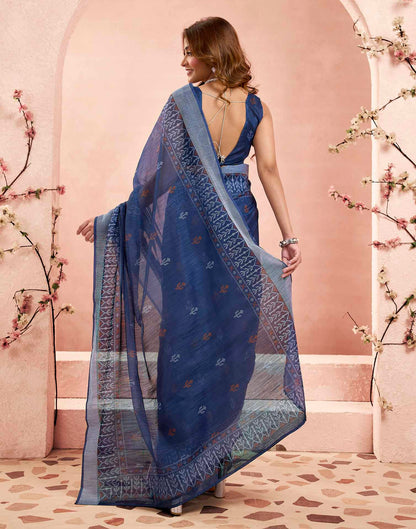Ready To Wear Navy Blue Linen Printed Saree