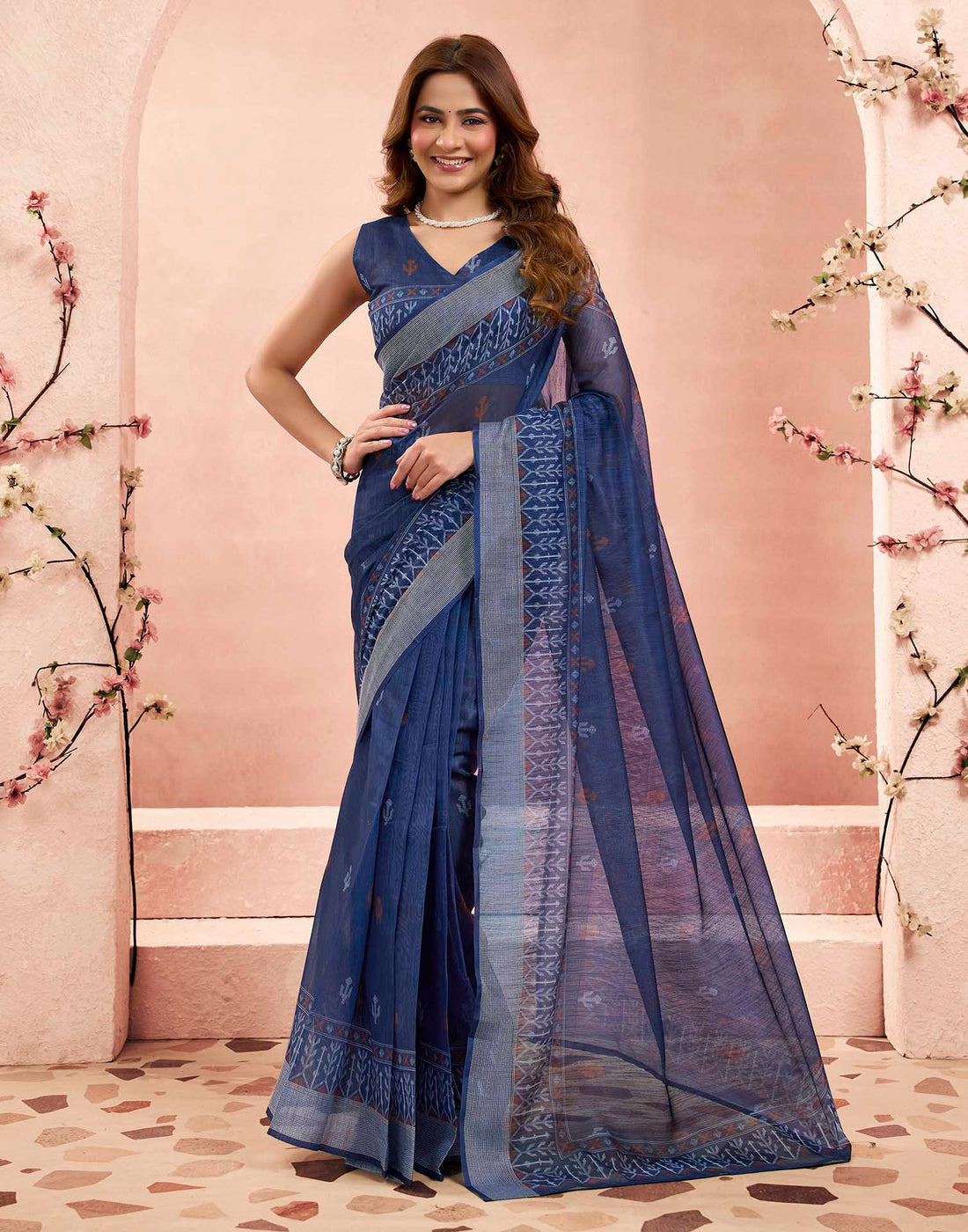Ready To Wear Navy Blue Linen Printed Saree