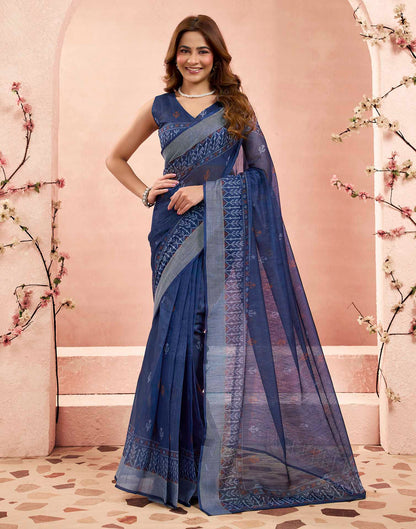 Ready To Wear Navy Blue Linen Printed Saree