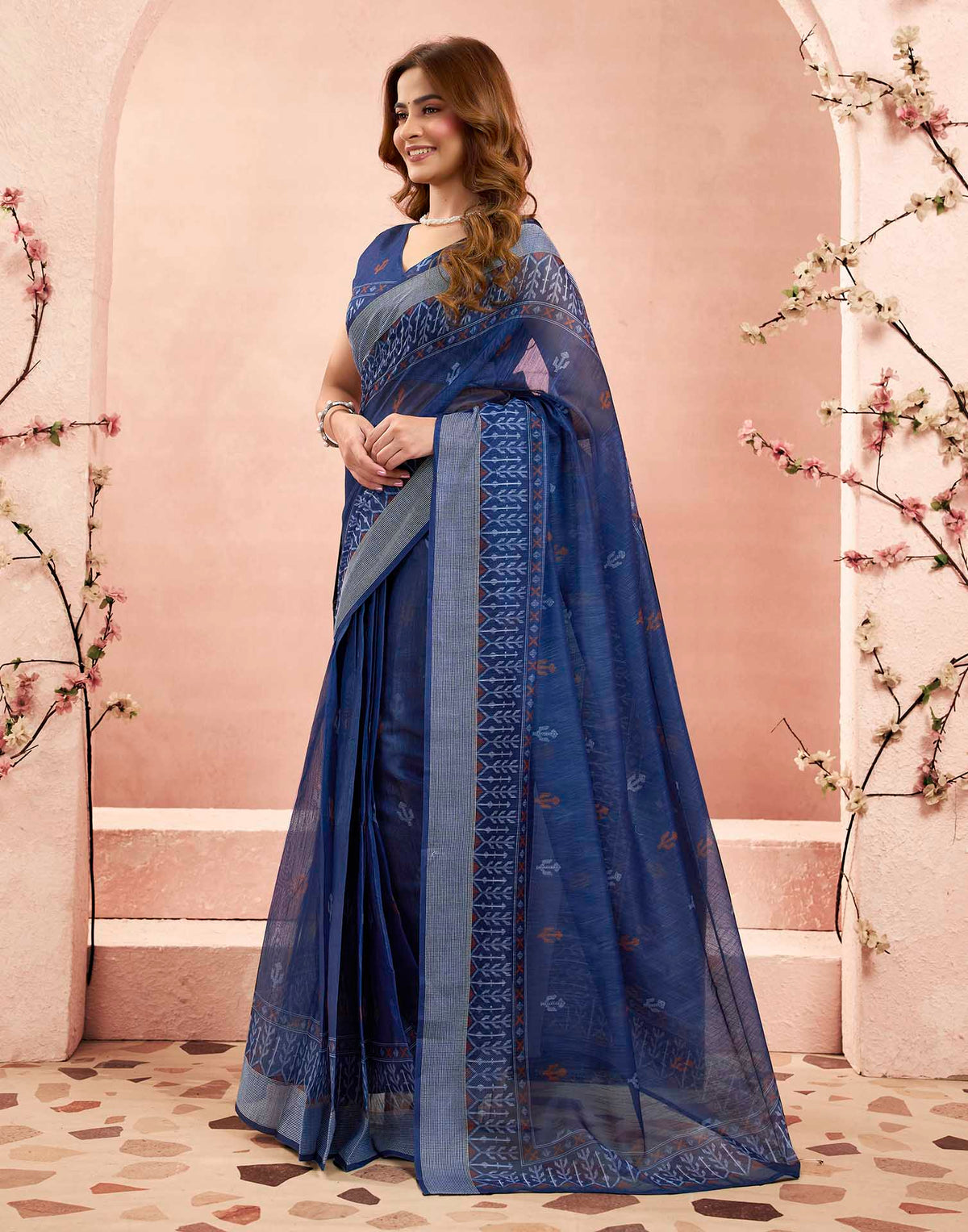 Ready To Wear Navy Blue Linen Printed Saree