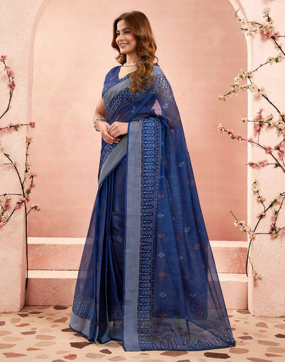 Ready To Wear Navy Blue Linen Printed Saree
