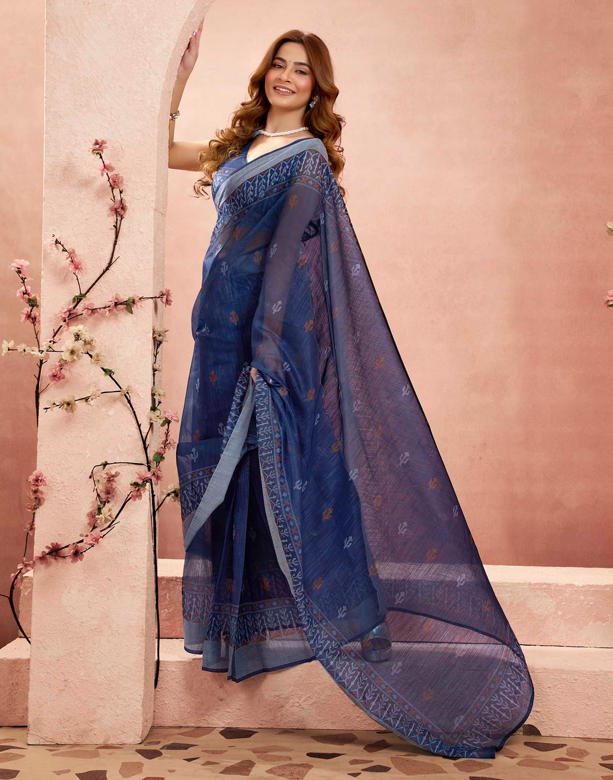 Ready To Wear Navy Blue Linen Printed Saree