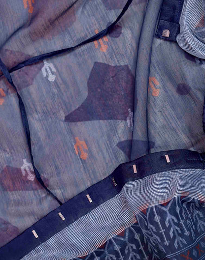 Ready To Wear Navy Blue Linen Printed Saree