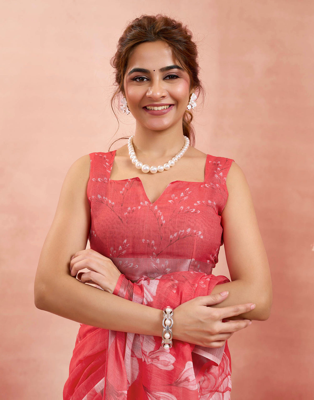 Ready To Wear Rani Pink Linen Floral Printed Saree