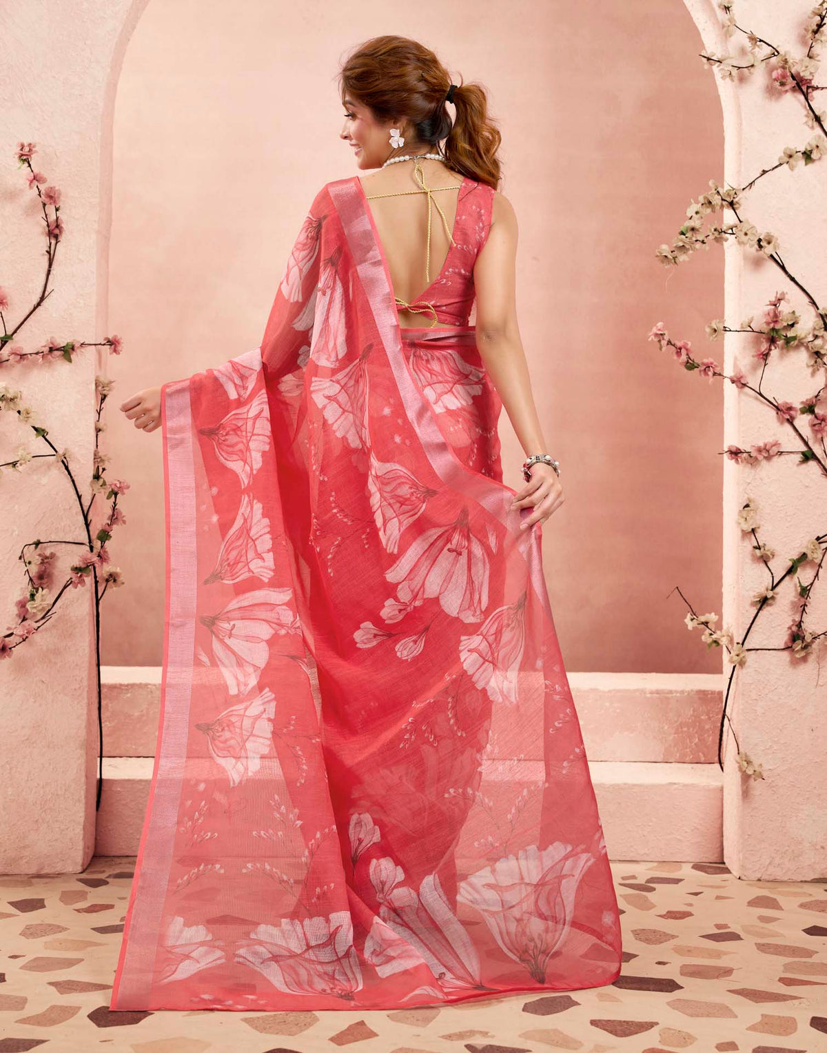 Ready To Wear Rani Pink Linen Floral Printed Saree