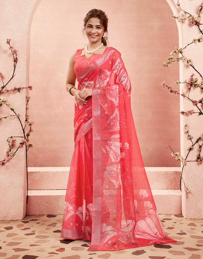 Ready To Wear Rani Pink Linen Floral Printed Saree