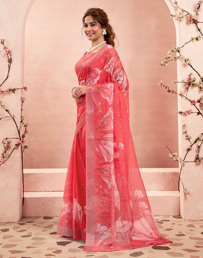 Ready To Wear Rani Pink Linen Floral Printed Saree