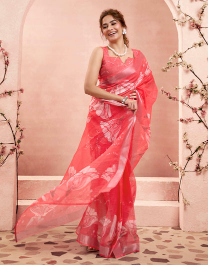 Ready To Wear Rani Pink Linen Floral Printed Saree