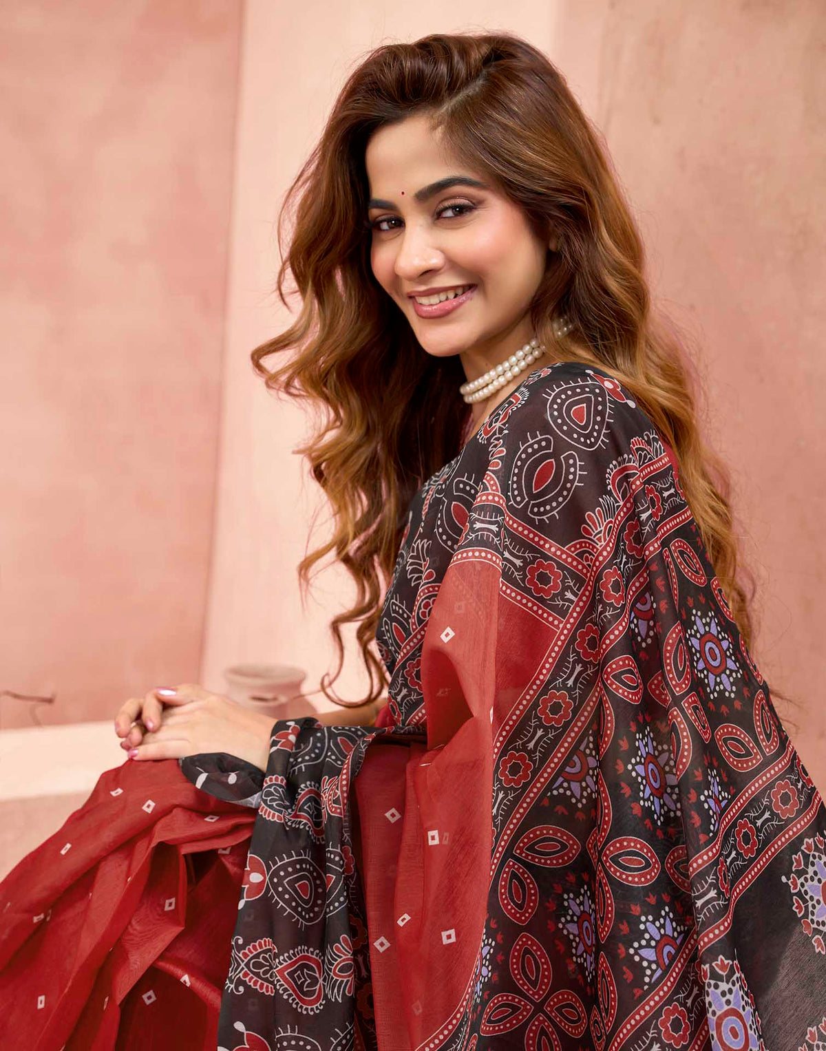 Ready To Wear Cherry Red Linen Printed Saree