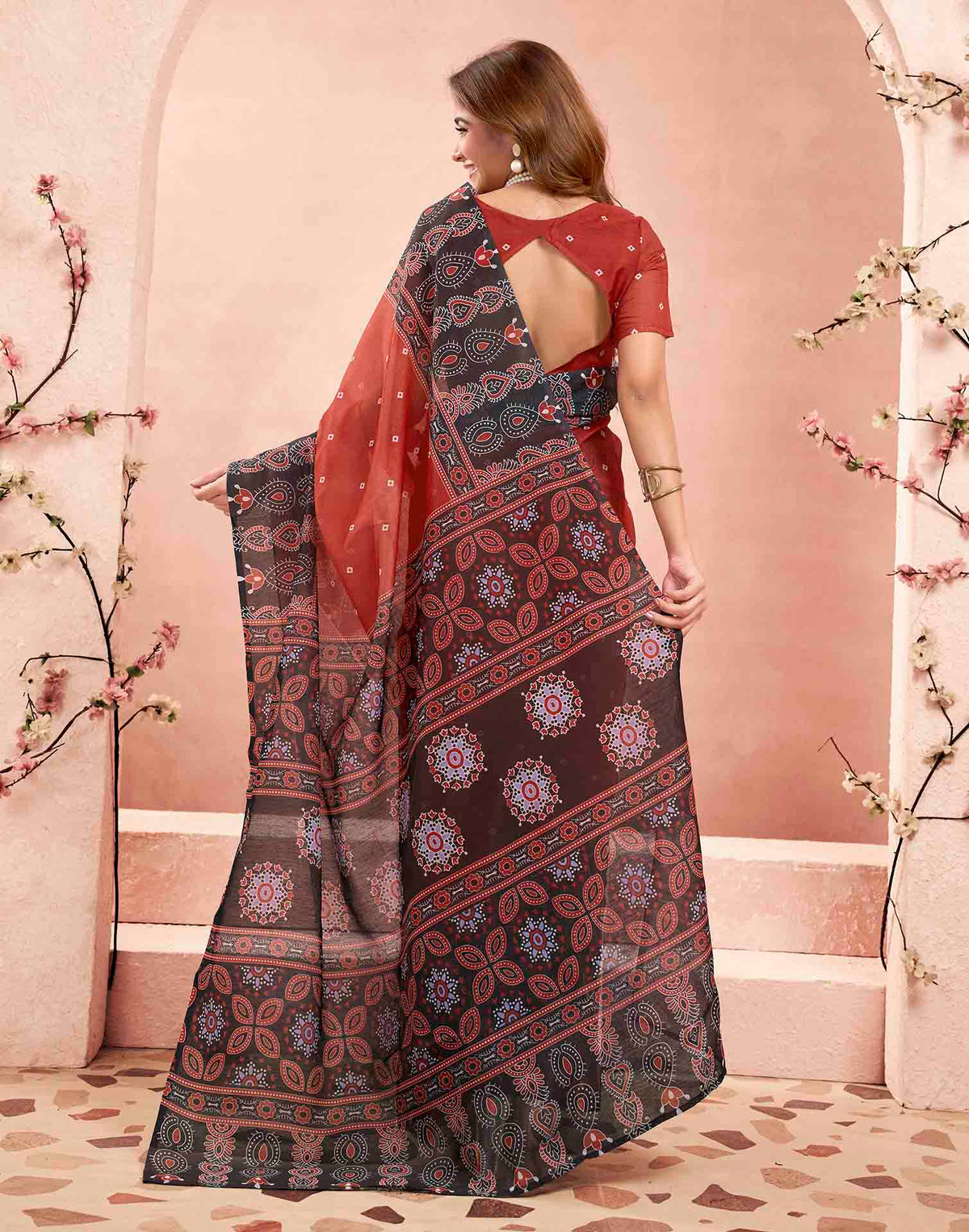 Ready To Wear Cherry Red Linen Printed Saree