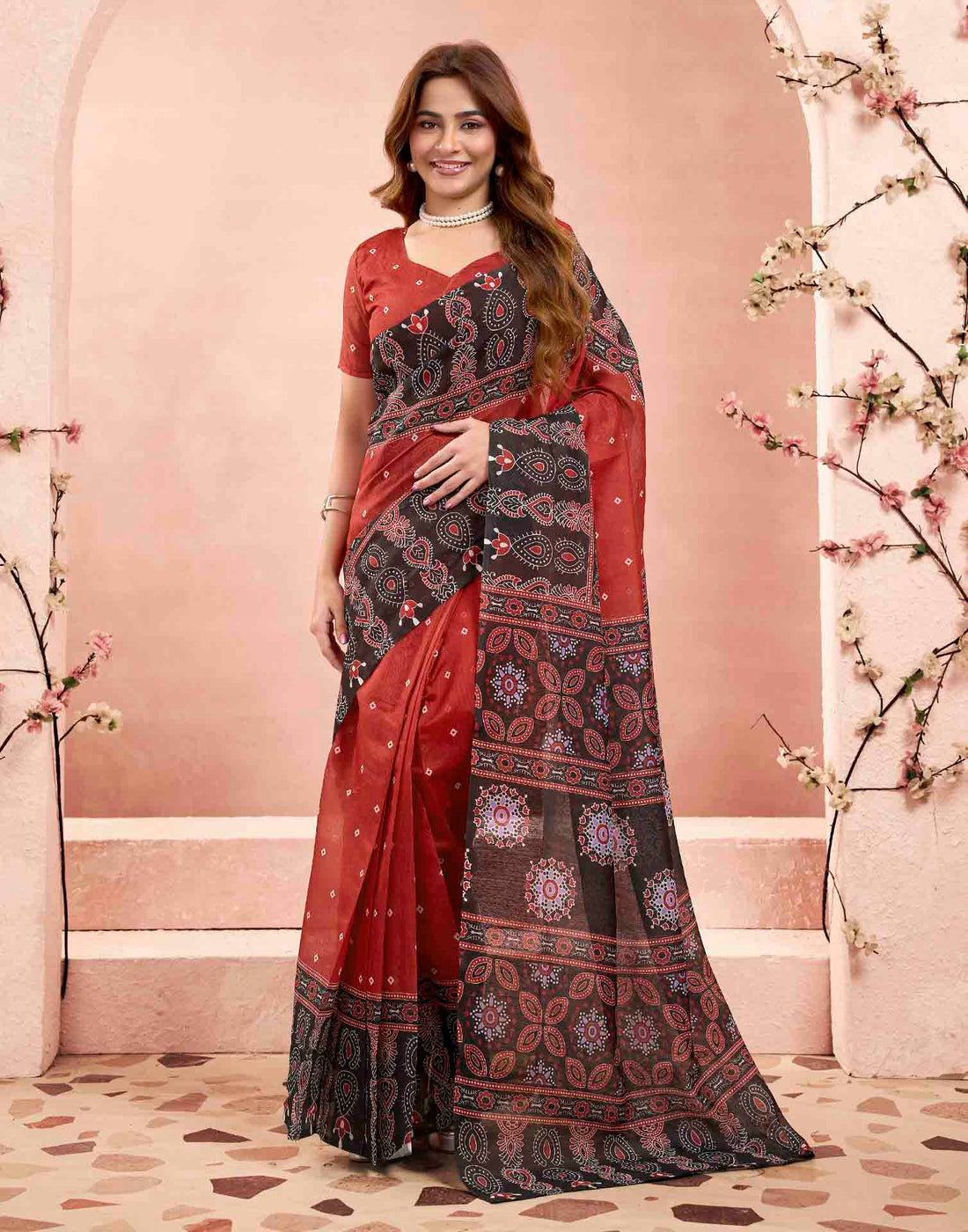 Ready To Wear Cherry Red Linen Printed Saree