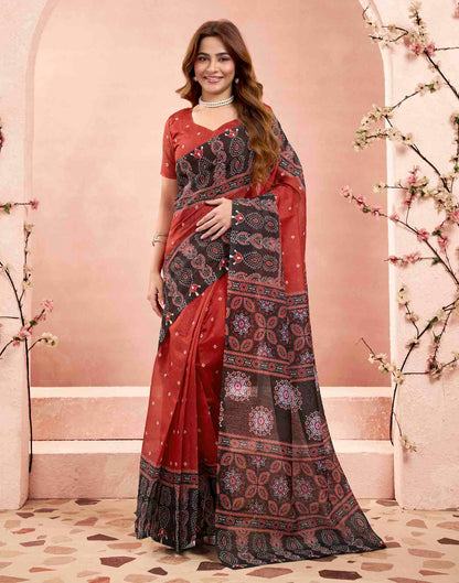 Ready To Wear Cherry Red Linen Printed Saree