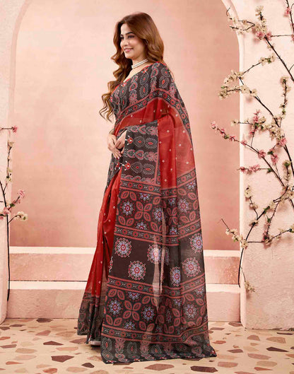 Ready To Wear Cherry Red Linen Printed Saree