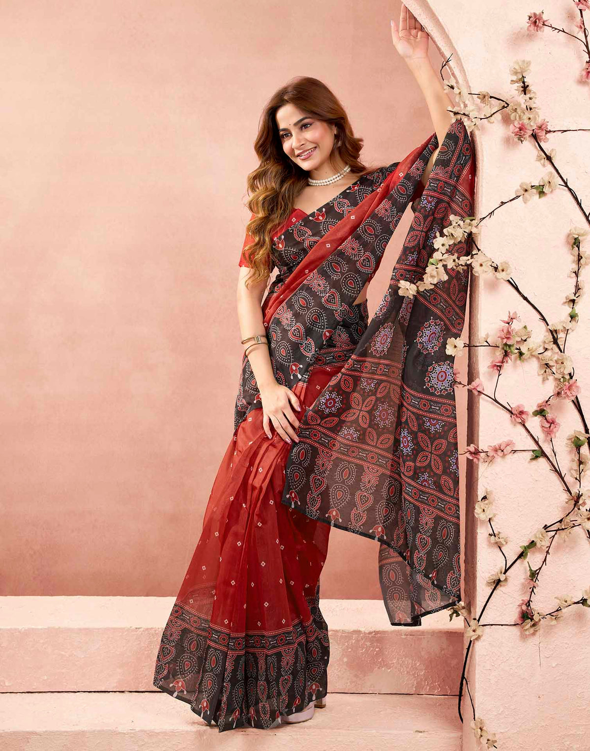 Ready To Wear Cherry Red Linen Printed Saree