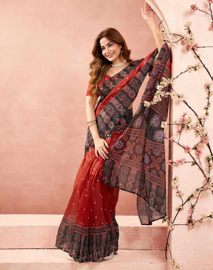 Ready To Wear Cherry Red Linen Printed Saree