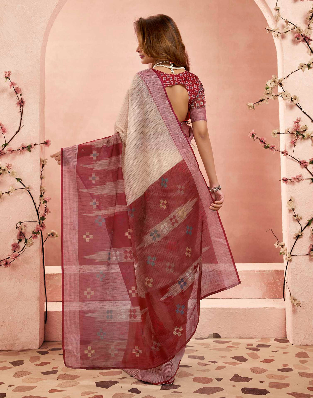 Ready To Wear Beige Linen Printed Saree